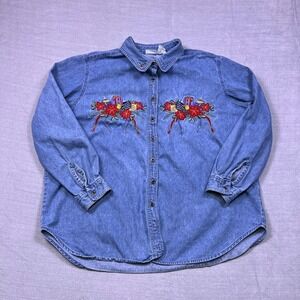 Bobbie Brooks Woman Denim Long Sleeve Button Down Christmas Embroidered 22W